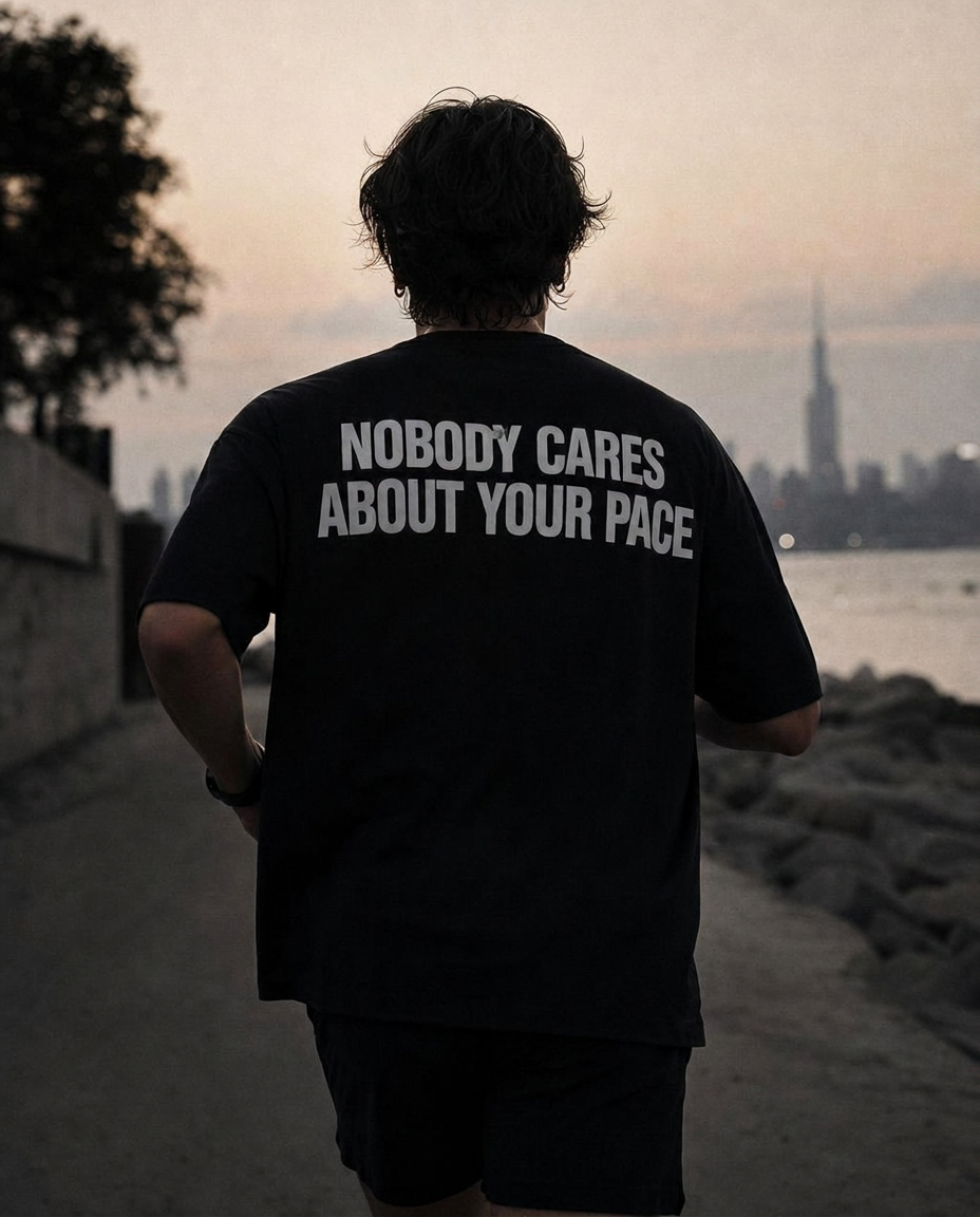 Costas da camiseta preta com o recado Nobody Cares About Your Pace
