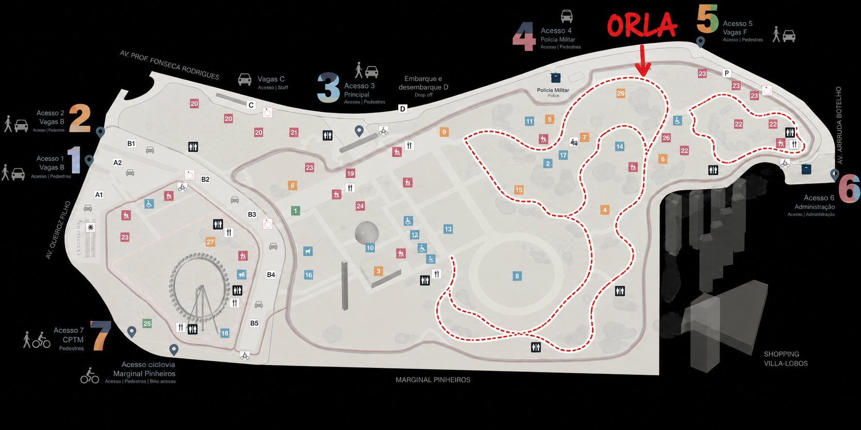 Mapa do percurso da Orla no Parque Villa-Lobos com trajetos de 3, 5 e 7 km