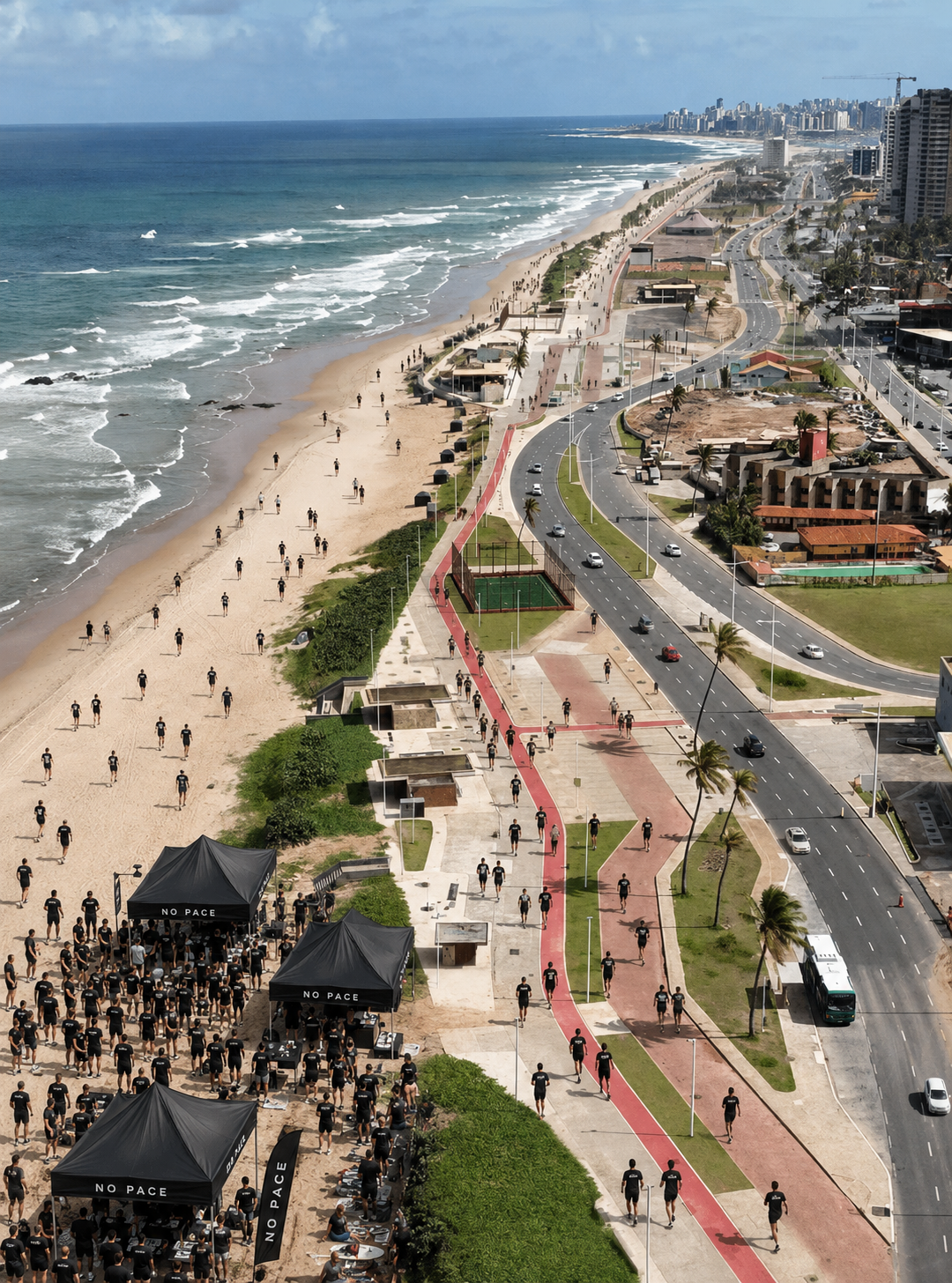 Vista aérea da orla de Salvador com centenas de corredores de camiseta preta NO PACE, tendas pretas e o mar ao fundo